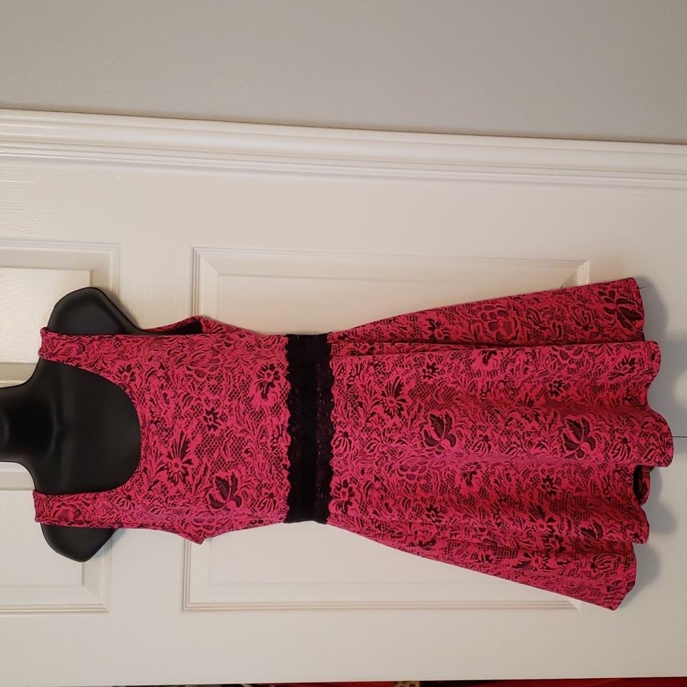 Hot Pink Floral Dress with Black Lace